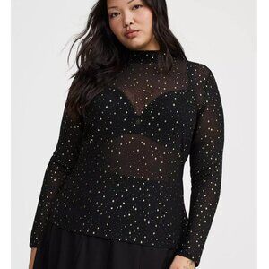 NWT Torrid 3 Celestial Gold Foil Black Mesh Mock Neck Long Sleeve Top 3X 22 24
